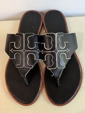 Tory Burch Black Leather Logo-Detail Thong Sandals With White Trim